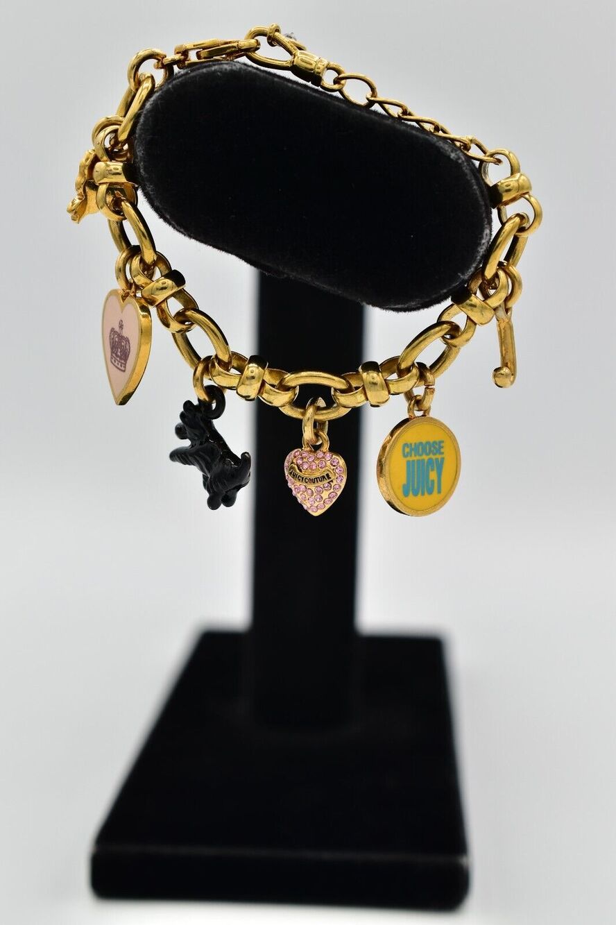 Juicy Couture Vintage Charm Bracelet Pink Heart Choose Dog 6.75 Signed Y2K BinAW